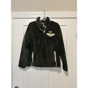 LL Bean High Pile Fleece Fuzzy Pullover Women’s Medium 1/4 Snap Green Jacket